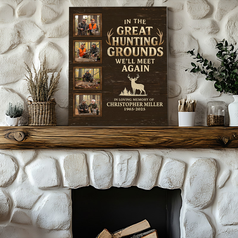 Rustic farmhouse memorial hunting canvas, compass and mountain skyline, custom name, dates, and tribute text, horizontal cabin wall art