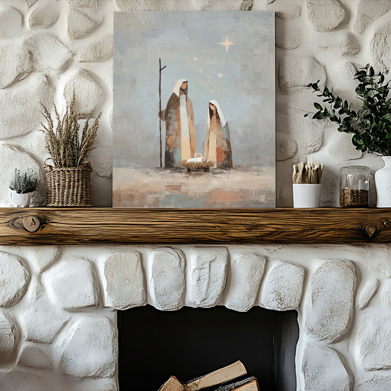 Nativity canvas wall art in sepia tones, minimalist Holy Family silhouette on canvas, vertical entryway Christmas decor