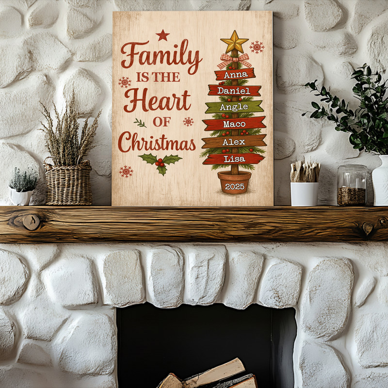 Vintage rustic family Christmas tree canvas wall art, custom family name and year, neutral tones, living room decor