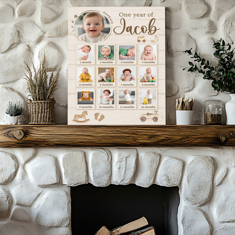 Rustic farmhouse 1st birthday photo collage canvas print, custom baby first year milestones with name, nursery wall decor