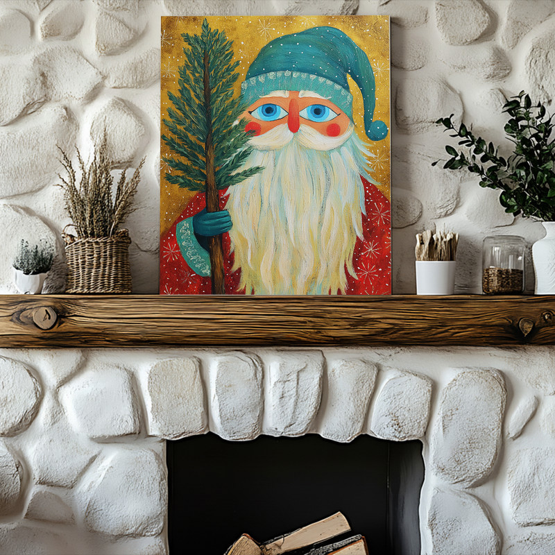 Rustic Santa Claus canvas wall art, whimsical Christmas oil painting for hallway decoration, vintage-inspired and inviting