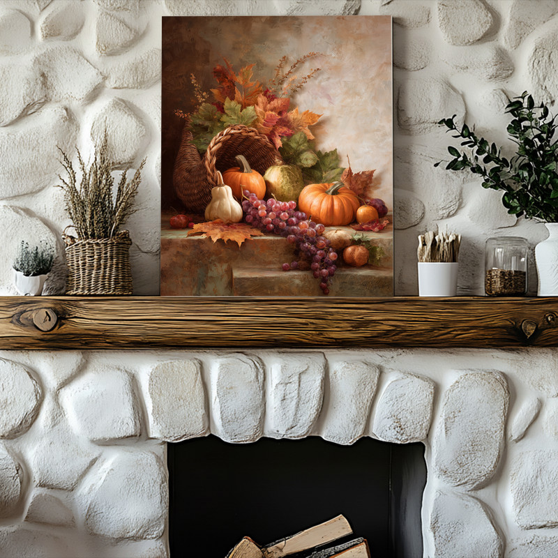 Rustic Thanksgiving centerpiece canvas wall art, pumpkins and mums arrangement in muted autumn hues for hallway decor