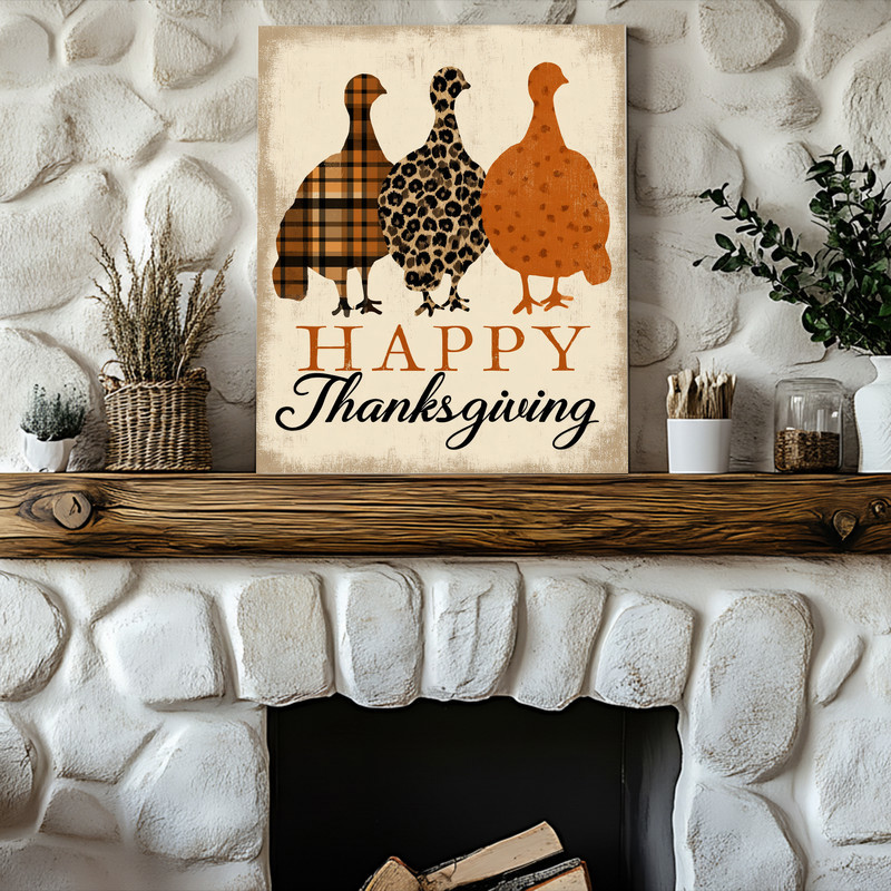 Rustic turkey silhouette canvas wall decor, Happy Thanksgiving theme ideal for hallway gallery, warm seasonal entryway art