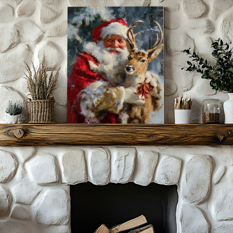 Santa Claus with reindeer forest canvas wall art, rustic watercolor style, soft neutrals for country hallway Christmas decor