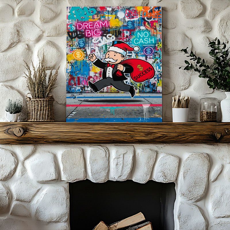 Santa hustle canvas wall art, red and white palette, 'Dream Big, No Cash, All Success' quote for startup workspace decor