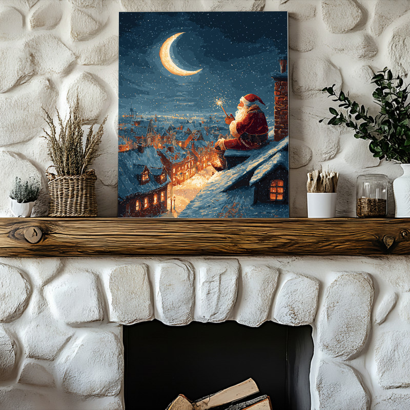 Santa's rooftop magic Christmas night canvas wall art featuring warm window lights, twinkling stars, and Santa's sack of toys