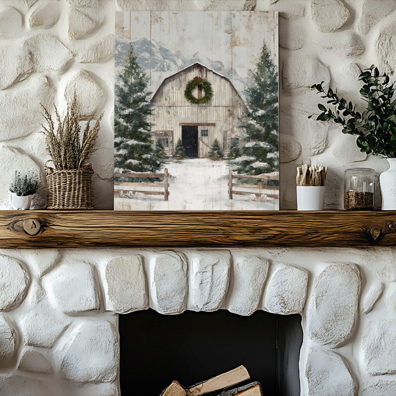Vintage barn holiday canvas wall art, farmhouse entryway decoration with cozy rural charm and classic winter feel
