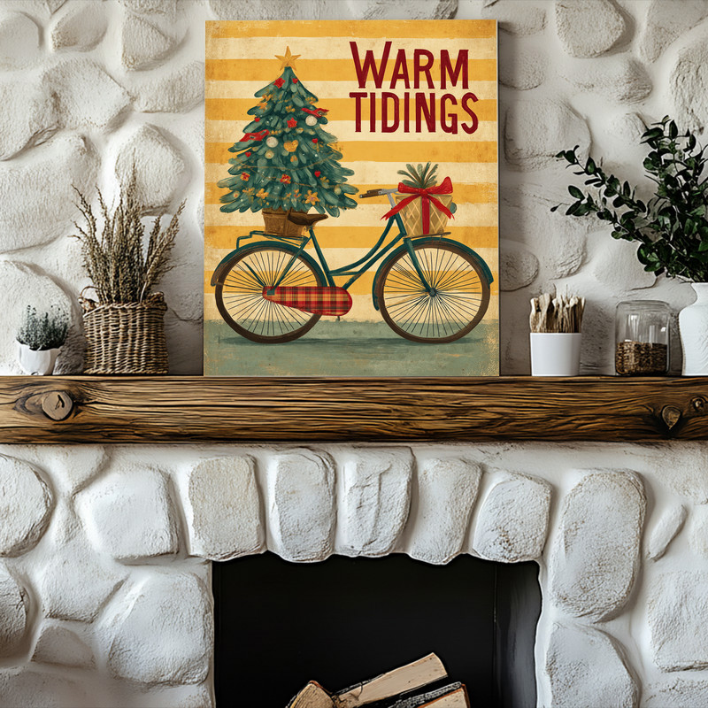 Christmas bicycle canvas wall art with bike hauling a lit tree under a starry night sky, festive holiday charm