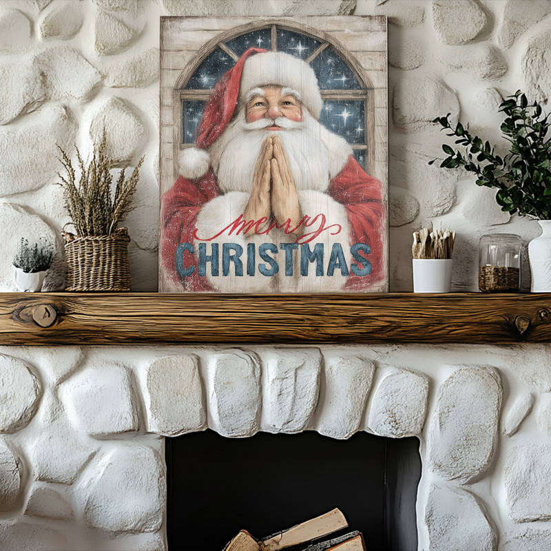 Whimsical Santa Christmas canvas wall art for hallway, farmhouse vibe on gallery-wrapped canvas, rustic charm, landscape