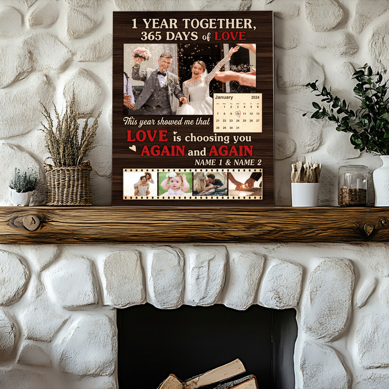 1 year together canvas wall art photo collage with your names, anniversary date, and wedding photos, sentimental couple gift