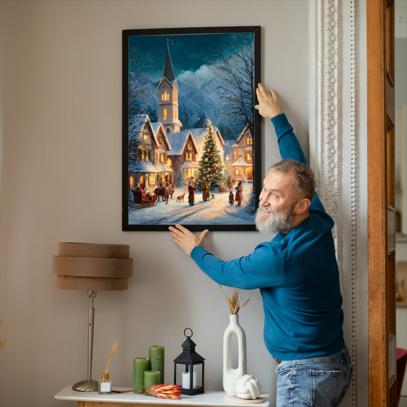Magical Christmas night canvas wall art with snowy mountain peaks beneath a luminous night sky, blue tones for hallway