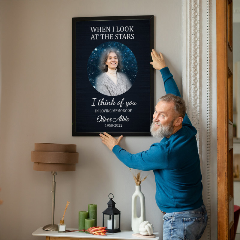 Memorial canvas wall art for Mom in rustic, starry sky wood texture, custom name and date, landscape layout, sympathy gift