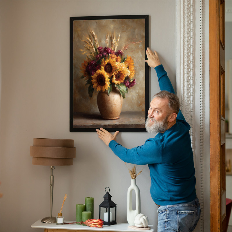 Autumn sunflower and wheat bouquet canvas wall art, clay vase still life with neutral background, rustic hallway decor accent