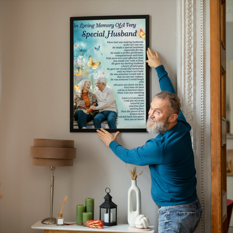 Memorial personalized canvas wall art for husband, 'In Loving Memory' headline with custom name and dates, heartfelt sympathy gift for family