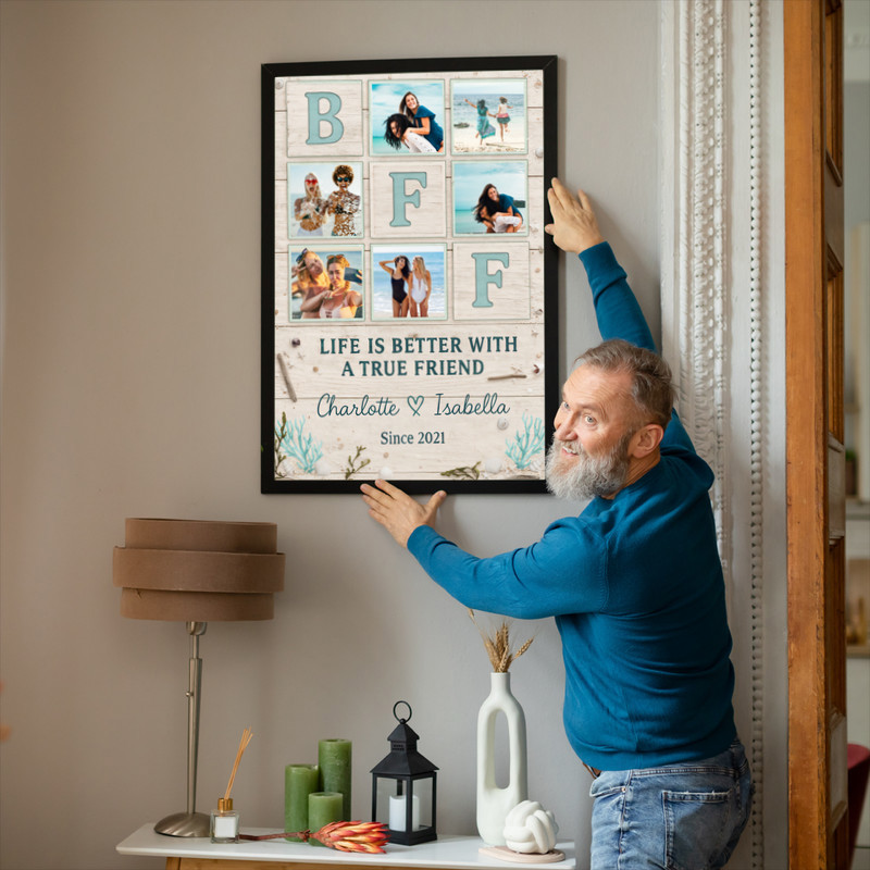 Best Friend Forever photo collage canvas, rustic coastal driftwood texture, personalized with names, date, and photos