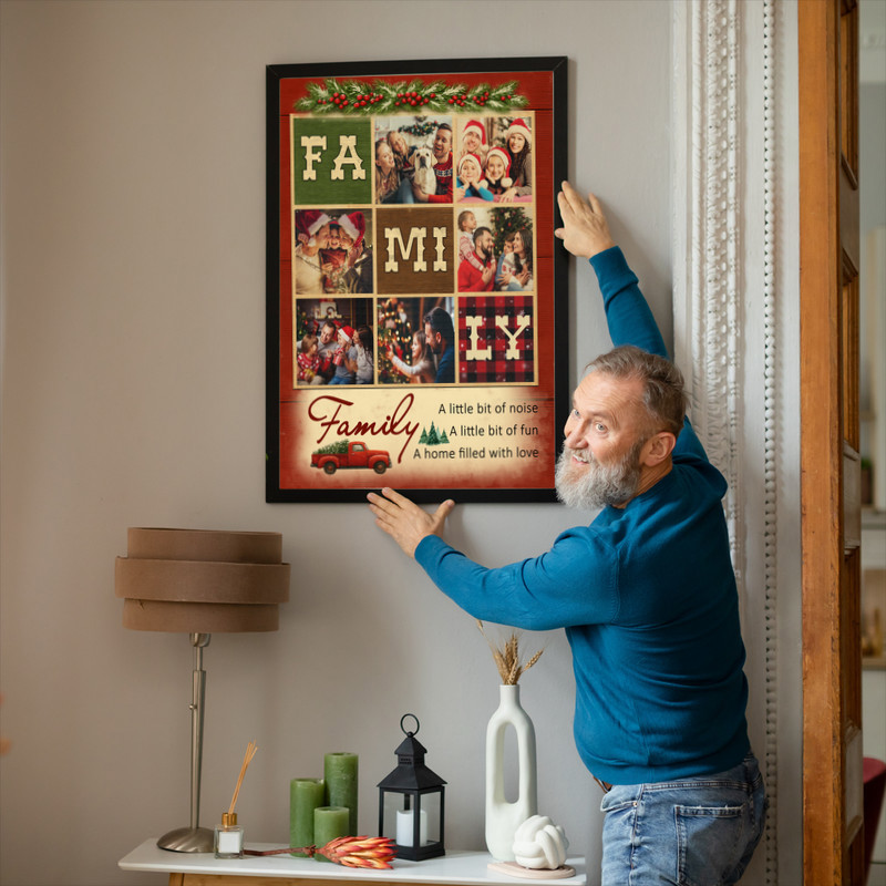 Rustic farmhouse family photo collage canvas, walnut wood look, custom family name and established date, landscape, Christmas gift for parents
