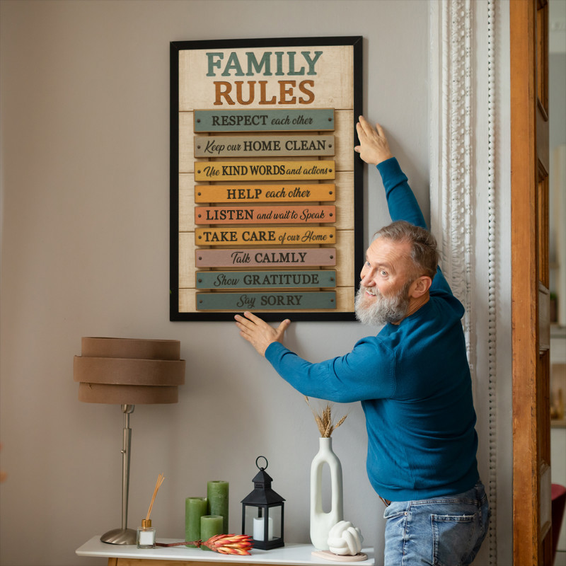 Family rules canvas print, distressed farmhouse wall art for entryway, black-and-white text on tan textured background