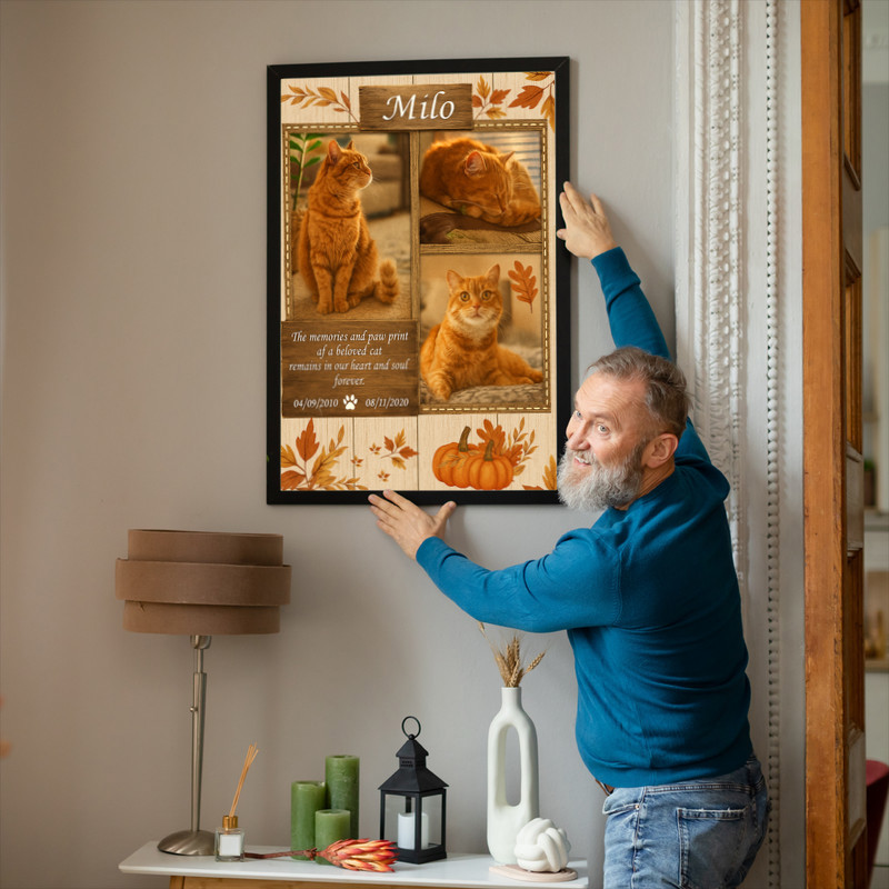 Farmhouse cat memorial canvas art, landscape layout, photo collage with rustic textures and fall tones; personalized name