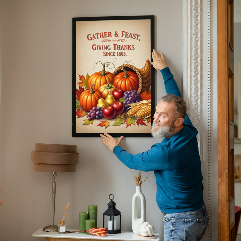 Farmhouse cornucopia canvas wall art for hallway decor, close-up of pumpkins and gourds in autumn hues, Thanksgiving gift