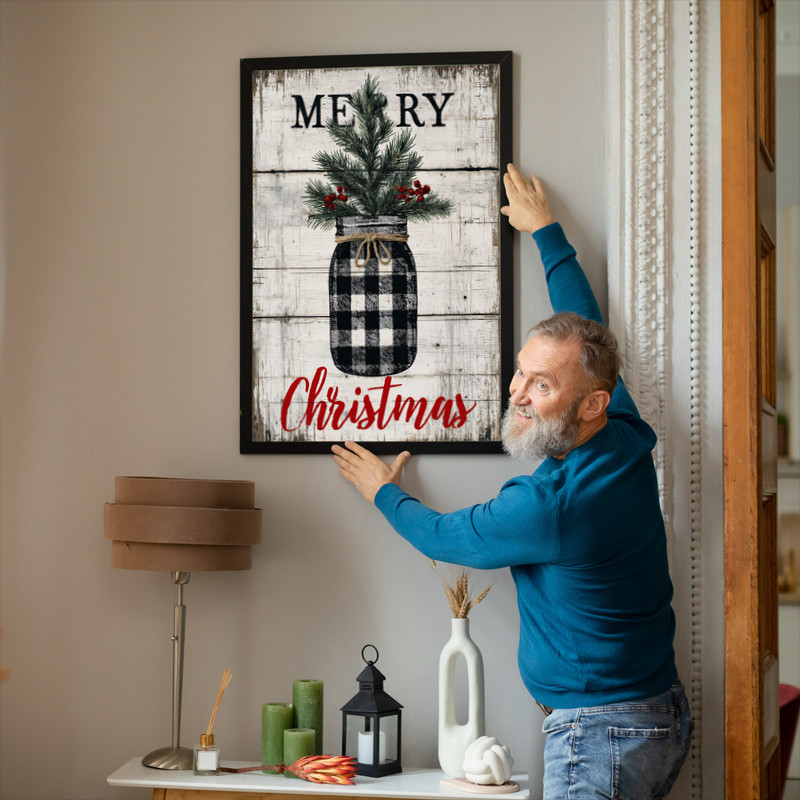 Farmhouse pine tree Christmas canvas wall art with evergreen grove and snow accents, muted green tones for entryway display