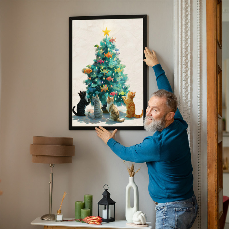Christmas tree with curious kittens canvas wall art, playful feline holiday decor for your entryway this festive season