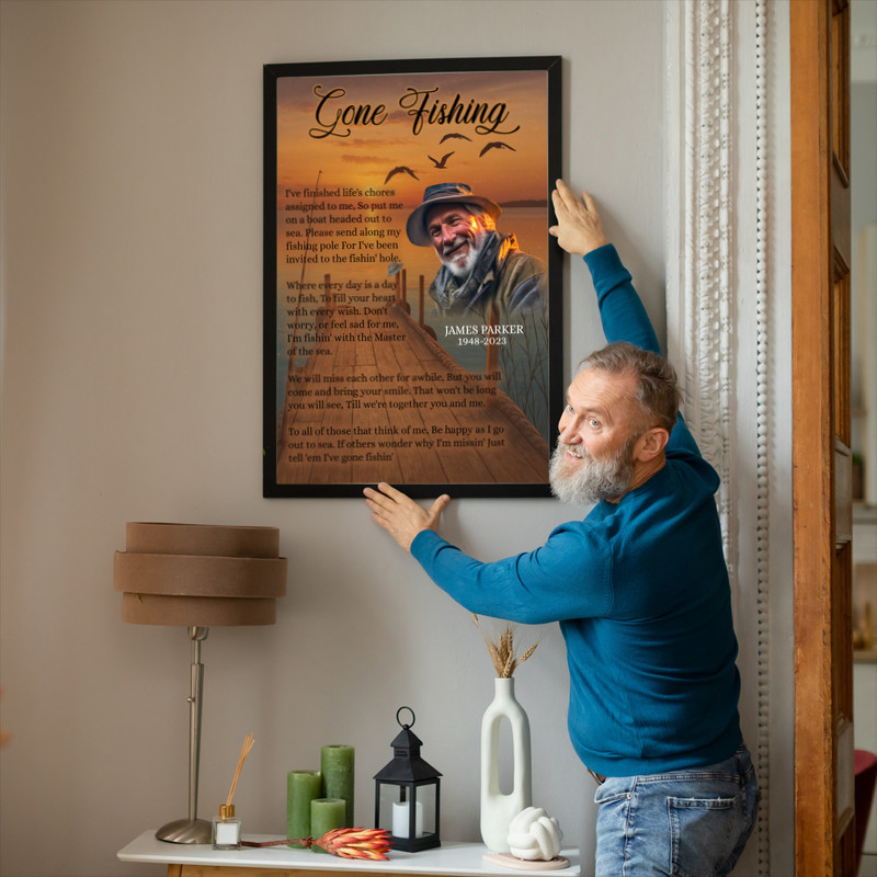 Fishing memorial canvas wall art, custom photo and name, honoring dad or grandpa who loved to fish; lake house tribute decor