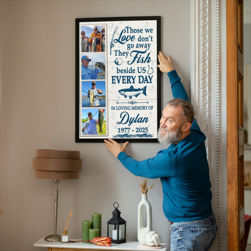 Fishing memorial canvas wall art, five-photo personalized collage, "In Loving Memory" script, bass outline, neutral linen texture background