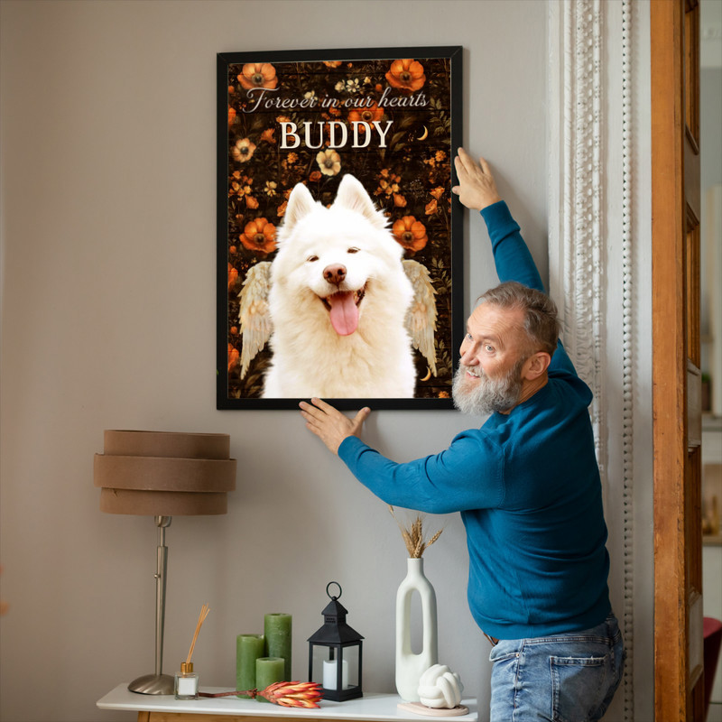 Custom dog memorial canvas, Thanksgiving theme with warm tones, add pet name and dates, remembrance decor for the home.