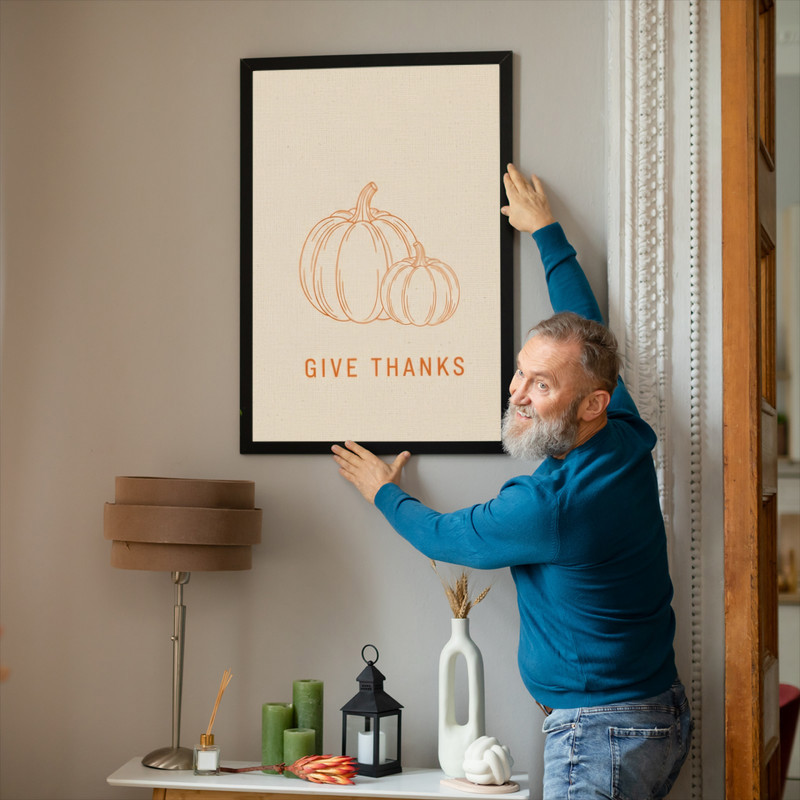Give Thanks minimalist pumpkin wall art canvas with subtle pumpkin icon and airy spacing for hallway fall accents