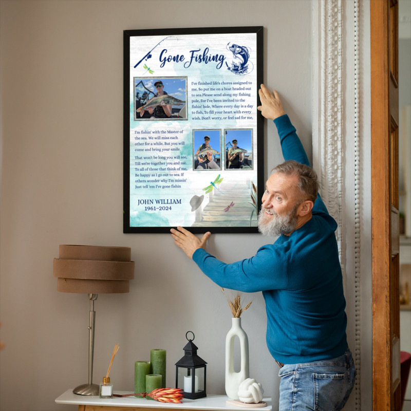 Gone Fishing memorial canvas wall art, portrait photo grid in neutral gray, custom name, fitting remembrance decor for den