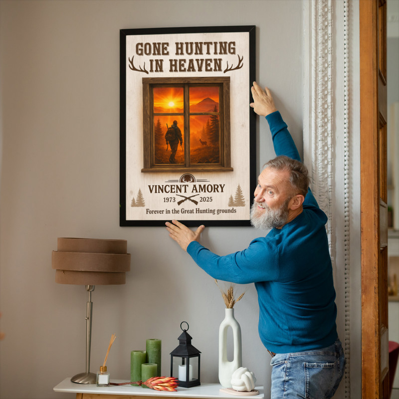 Memorial hunting canvas wall art, landscape layout in earth tones, deer motif, Gone Hunting in Heaven, custom name and date