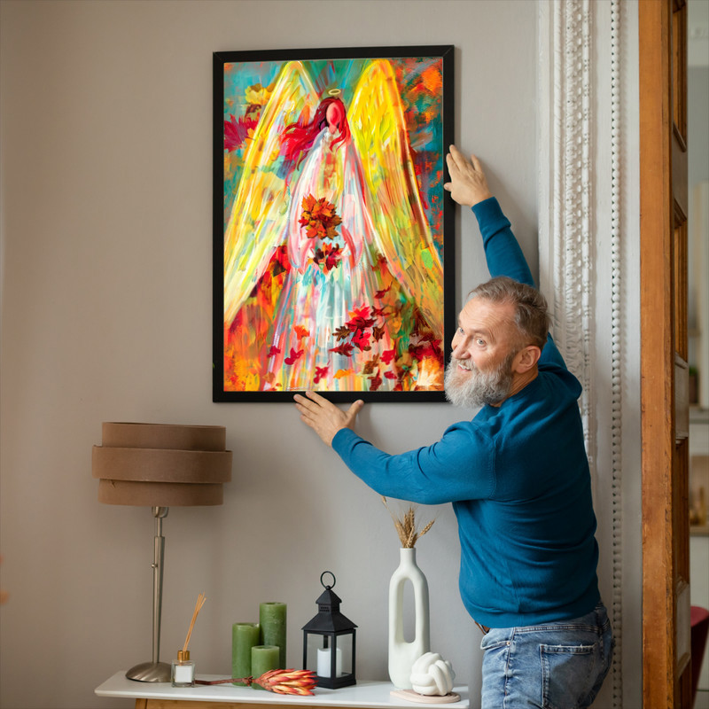 Autumn harvest angel canvas wall art, golden wings amid falling leaves, textured oil-style spiritual print for hallway