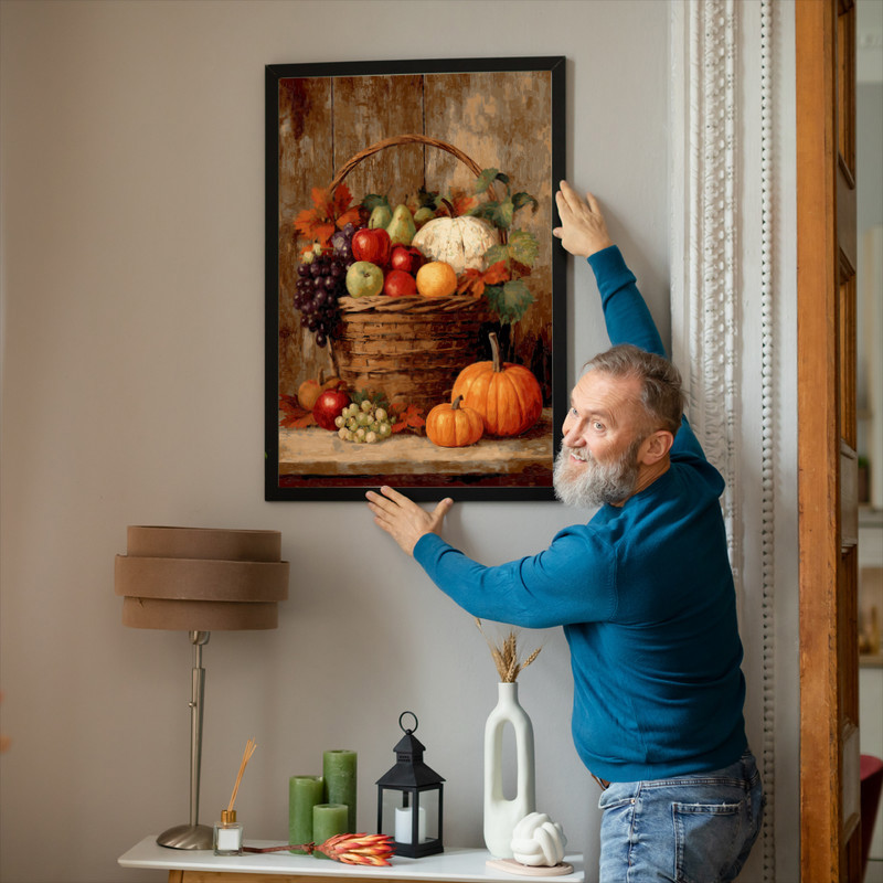 Harvest basket still life canvas wall art with apples, pears, pumpkins, warm rustic palette for hallway decor, entry accent