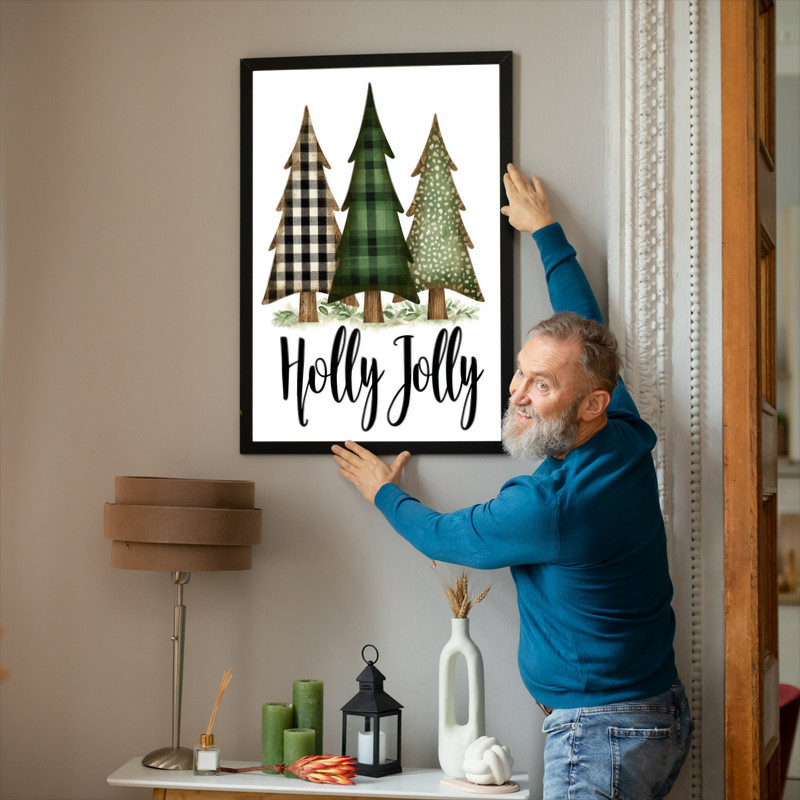 Holly Jolly rustic pine trees canvas wall art, distressed vintage look for farmhouse hallway, cozy holiday cabin vibe