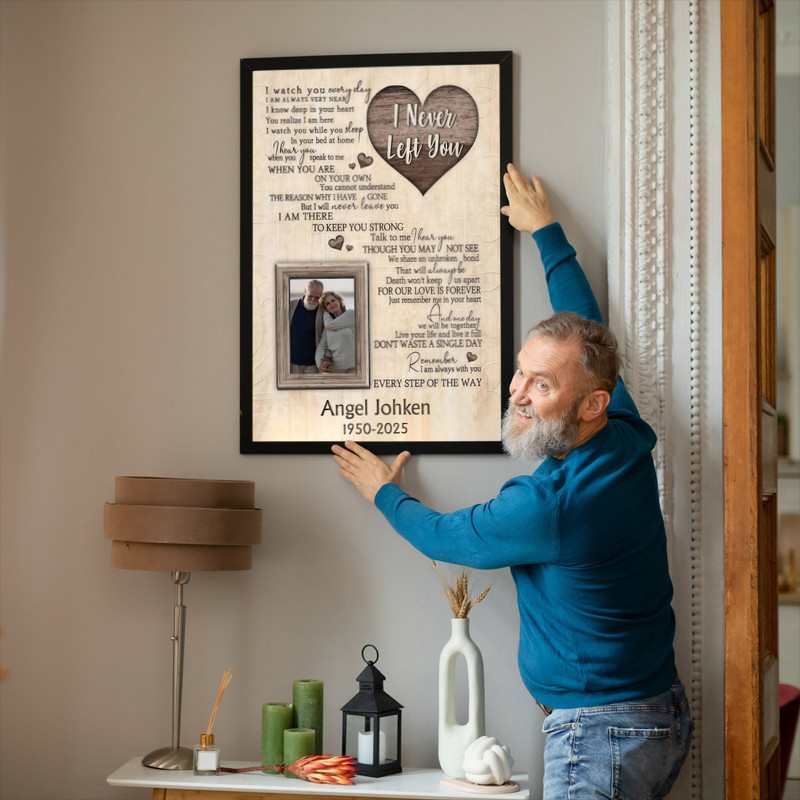 Remembrance canvas wall art, personalized with photo, name, and dates, sympathy gift featuring I Never Left You poem