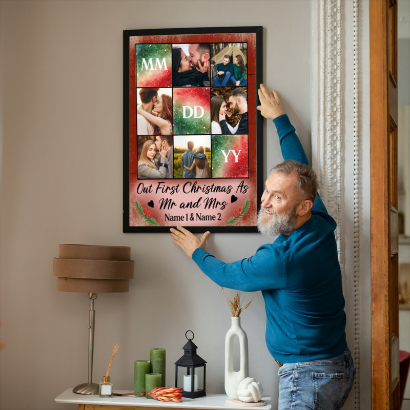 Our First Christmas as Mr & Mrs canvas wall art, landscape collage, minimalist black and white with names and date Our First Christmas as Mr & Mrs canvas wall art, landscape collage, minimalist black and white with names and date