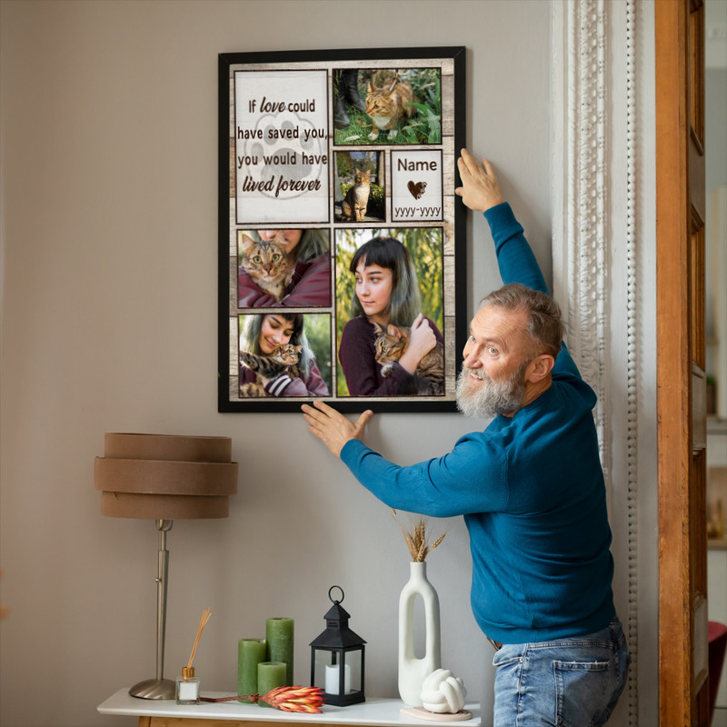 Cat memorial photo collage canvas wall art, customized with your cat's photos, name and life dates, landscape orientation