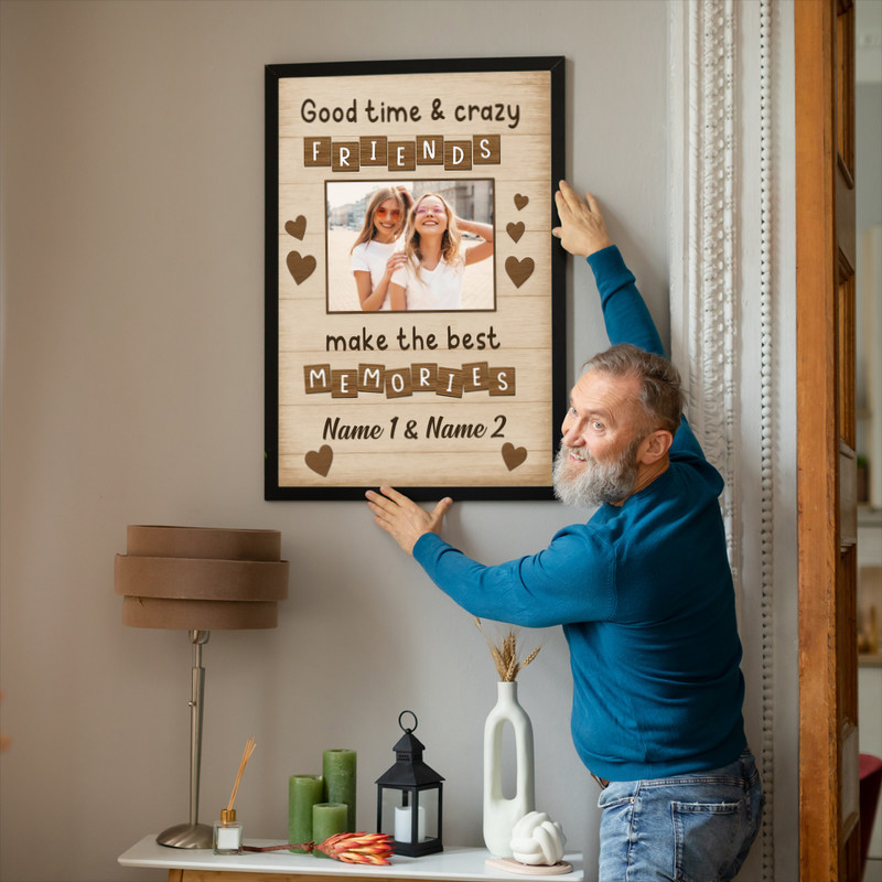 Besties photo canvas print in rustic farmhouse decor, custom picture keepsake and wall art gift for Galentine's Day.