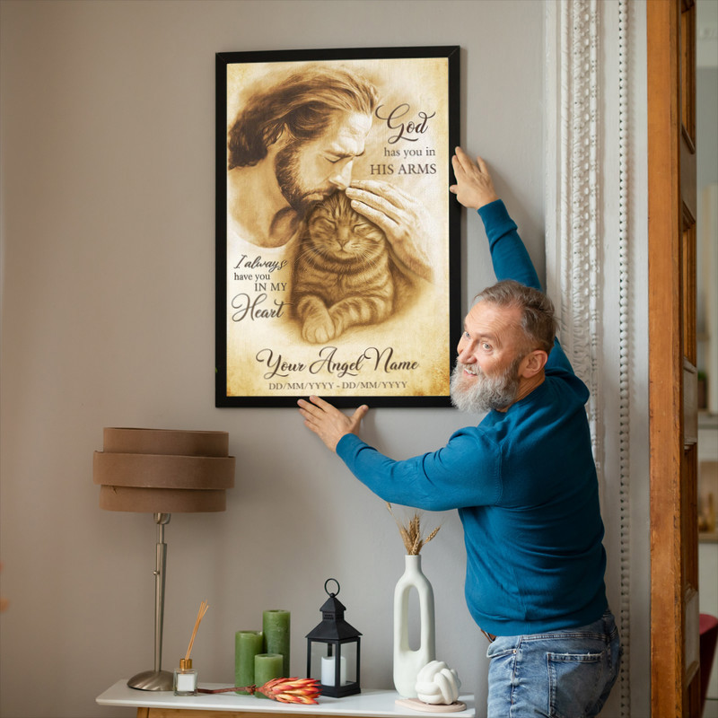 Cat memorial canvas wall art, 'God Has You In His Arms', custom name and dates, floral border in soft pastels, vertical style Cat memorial canvas wall art, 'God Has You In His Arms', custom name and dates, floral border in soft pastels, vertical style