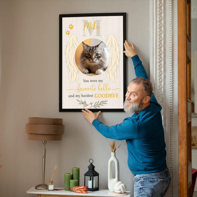 Cat memorial canvas wall art, landscape layout with watercolor angel wings and custom photo; framed option for hallway decor