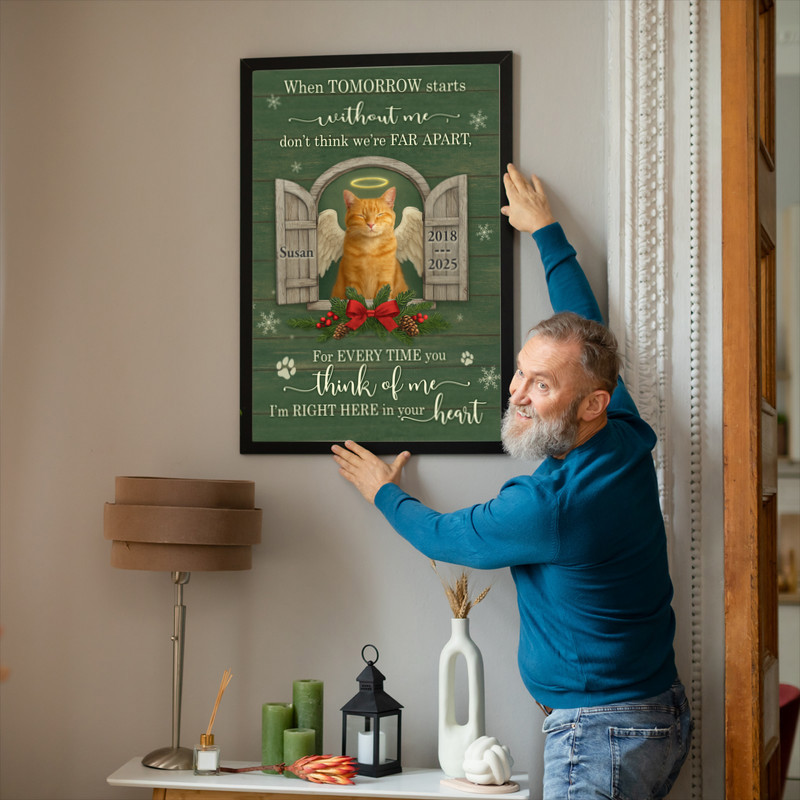 Cat memorial Christmas angel canvas wall art, landscape layout, snowflakes and pine sprigs, custom name and dates, mantel decor.