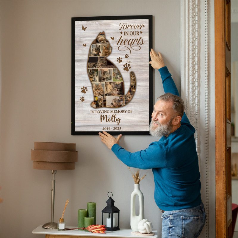 Cat memorial photo collage canvas in landscape, personalized with photos, name and dates, comforting tribute for cat lovers