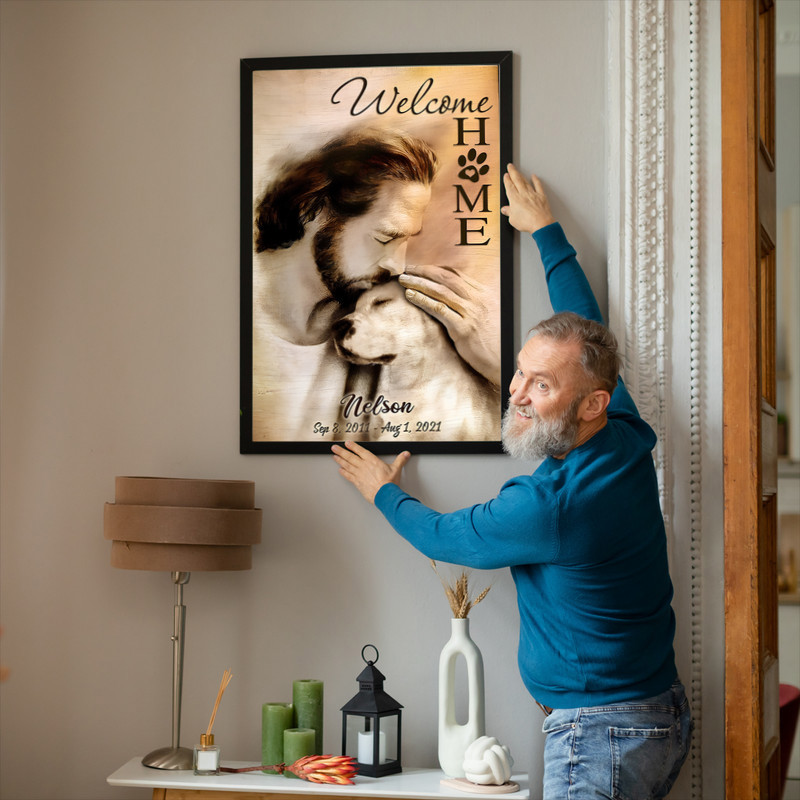 Christian dog memorial canvas wall art featuring Jesus by pearly gates with dogs, custom name and date, condolence gift