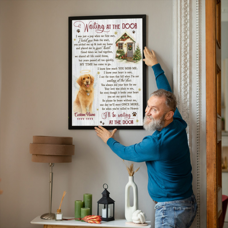 Dog memorial canvas wall art, landscape design, 'Waiting at the Door' verse, custom name and year, red accents