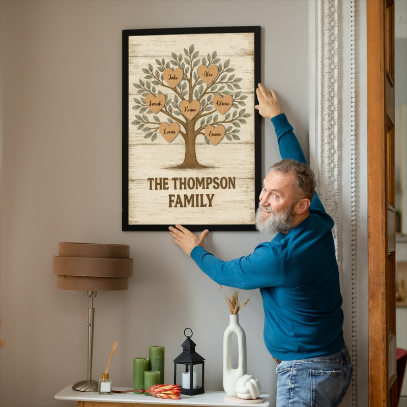 Personalized family tree canvas print with family names and wedding date, rustic wood background, thoughtful anniversary gift