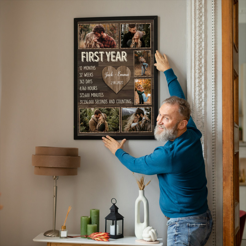 First-year anniversary photo collage canvas with rustic shiplap style, personalized photos, names and date, gift for couples
