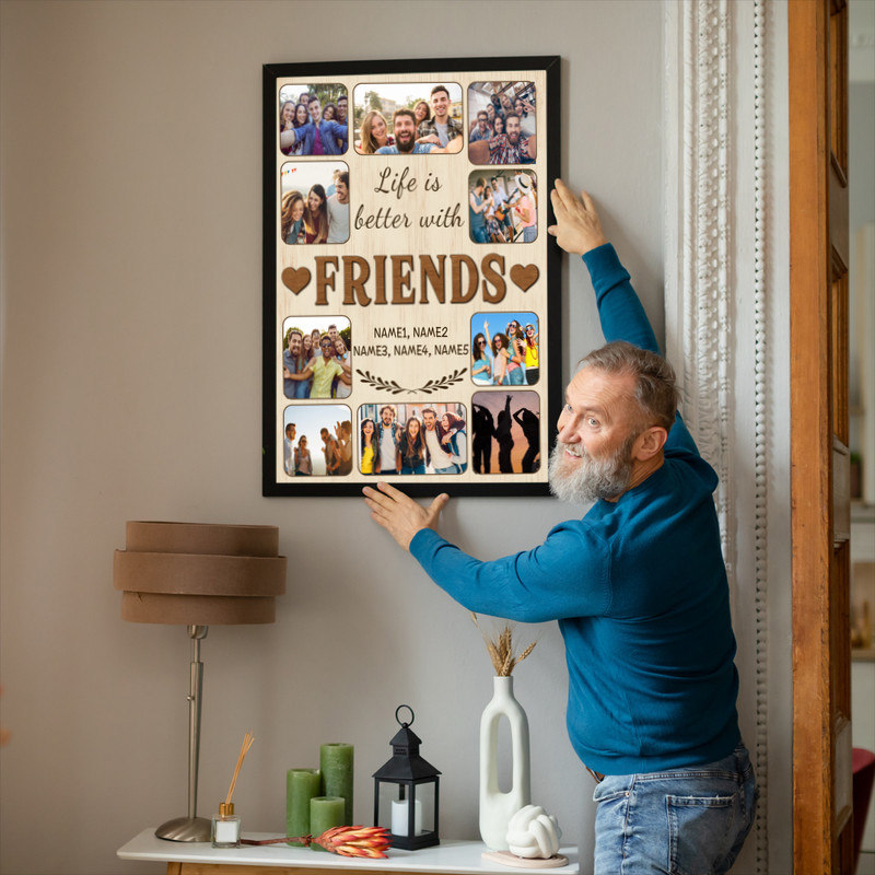 Life Is Better With Friends photo collage canvas, personalized polaroid-style layout with names, great gift for friends