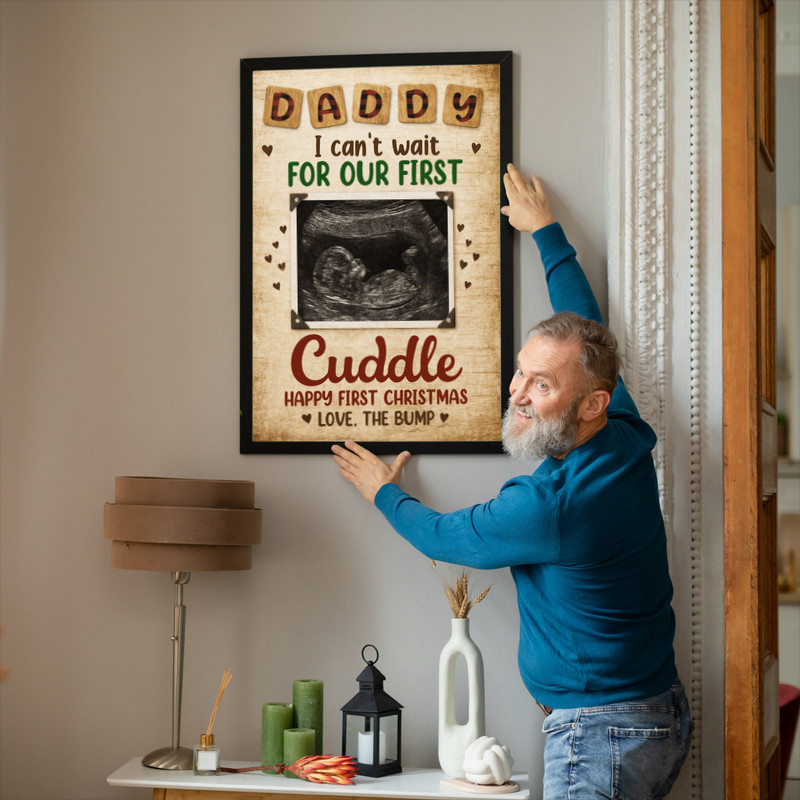 Expecting dad gift rustic canvas wall art, personalized with ultrasound photo and loving note from bump, cozy farmhouse look
