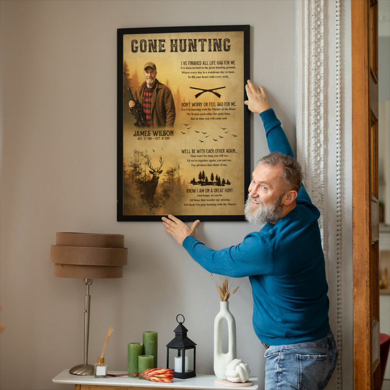 Rustic gone hunting canvas print, dark wood with antlers, personalized name, remembrance gift for a hunter dad