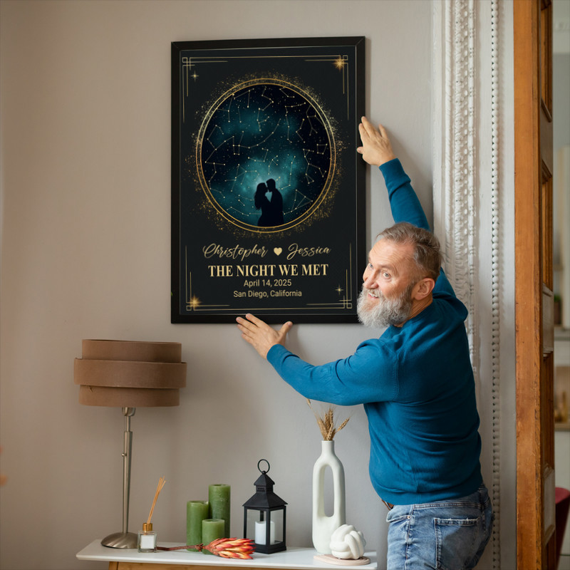 Custom night sky constellation canvas, tailored with couple’s names, wedding date, and place, sentimental anniversary gift
